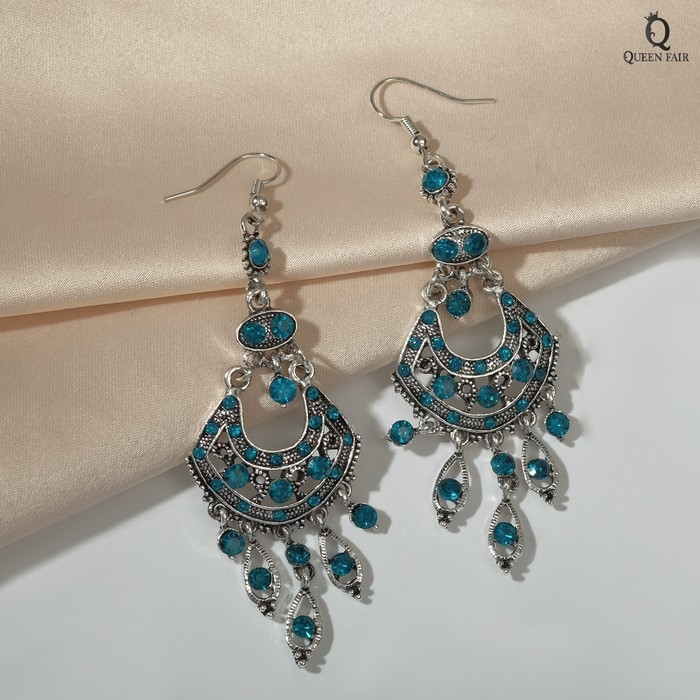 Серьги висячие со стразами «Восток» веер, цвет голубой в чернёном серебре, 9 см