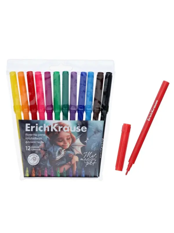 Фломастеры ErichKrause Magic Pet, 12 цветов, в футляре с европодвесом
