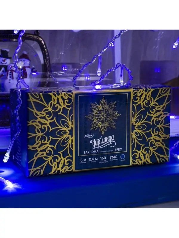 Гирлянда &laquo;Бахрома&raquo; 3&times;0.6 м, IP44, УМС, прозрачная нить, 160 LED, свечение синее, мерцание белым, 220 В