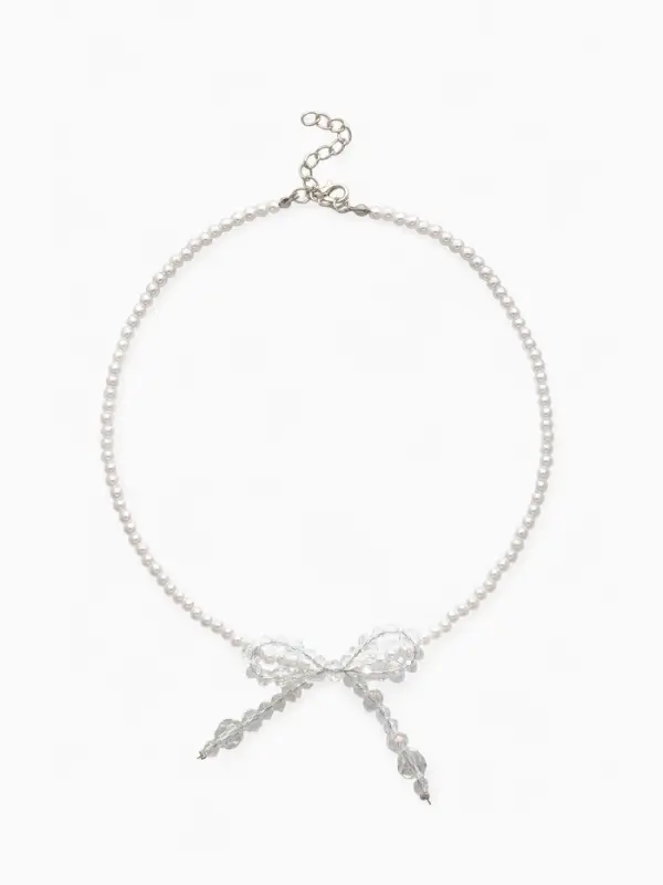 Чокер «Бантик» хрусталик и жемчужные бусины, цвет белый в серебре, 33 см + 5 см доп, цепочка   10877