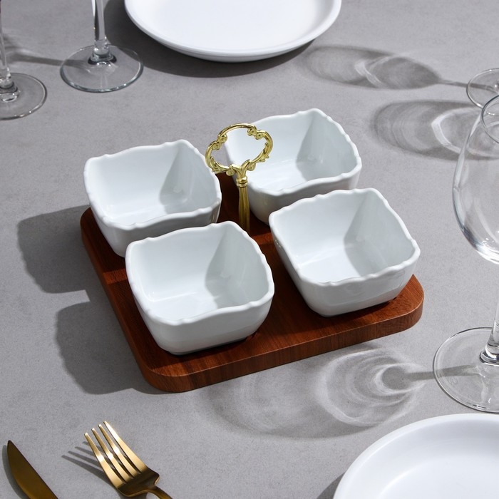 Менажница «Капель», 4 шт: 200 мл, деревянное основание, фарфор, Иран Менажница «Капель», 4 шт: 200 мл, деревянное основание, фарфор, Иран