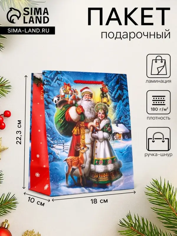 Пакет подарочный новогодний ламинированный, &laquo;Дед Мороз с подарками&raquo;, 18&times;10&times;22.3 см