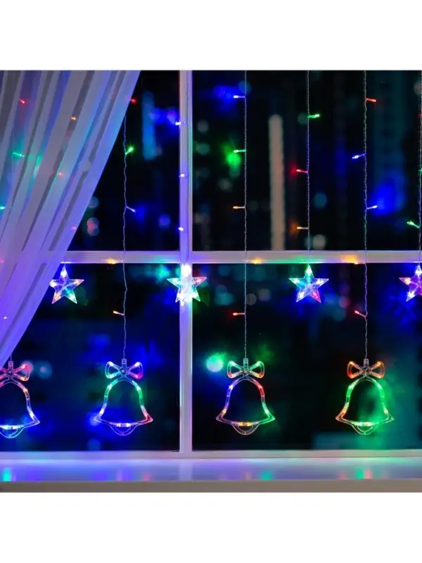 Гирлянда &laquo;Бахрома&raquo; 2.4&times;0.9 м с насадками &laquo;Колокольчики&raquo;, IP20, прозрачная нить, 138 LED, свечение мульти, 8 режимов, 220 В