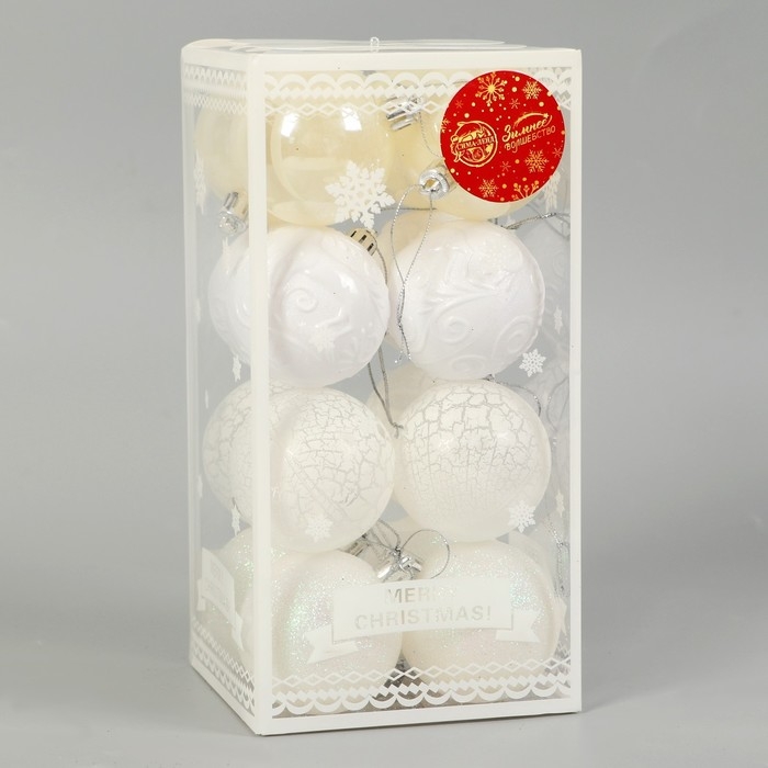 Набор шаров пластик d-6 см, 16 шт Набор шаров пластик d-6 см, 16 шт "Мелодия" узор треск, белый