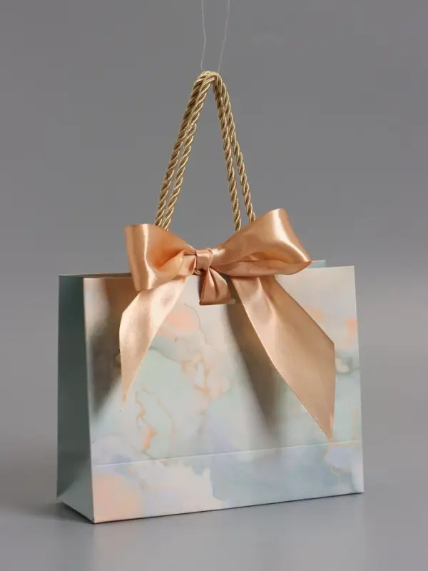 Пакет подарочный "Мрамор" , голубой , с бантиком , 19 х 15 х 7 см