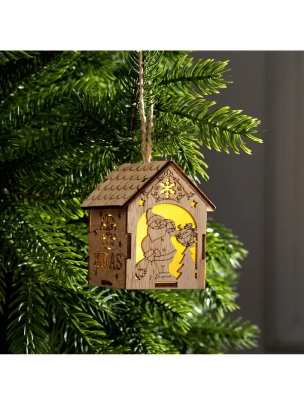 Ёлочная игрушка &laquo;Домик с Дедом Морозом с мешком&raquo;, 8&times;6.5&times;6 см, от батареек, свечение тёплое белое