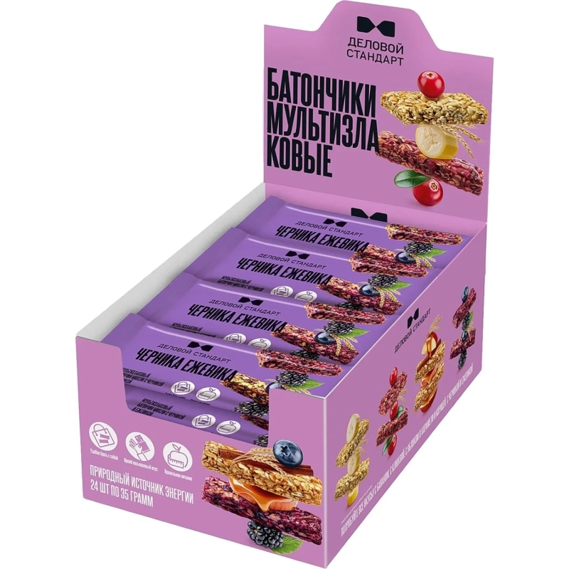 Батончик мюсли мультизлаковый Деловой Стандарт с черник и ежев 35г 24шт/уп