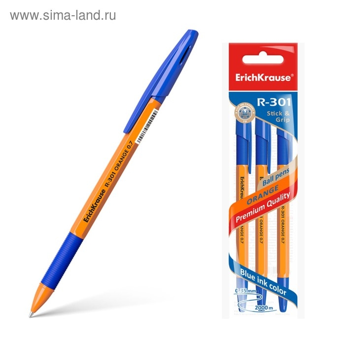 Набор ручек шариковых 3 штуки ErichKrause R-301 Orange Stick & Grip, узел 0.7 мм, чернила синие, резиновый упор, длина линии письма 1000 метров, европодвес Набор ручек шариковых 3 штуки ErichKrause R-301 Orange Stick & Grip, узел 0.7 мм, чернила синие, резиновый упор, длина линии письма 1000 метров, европодвес