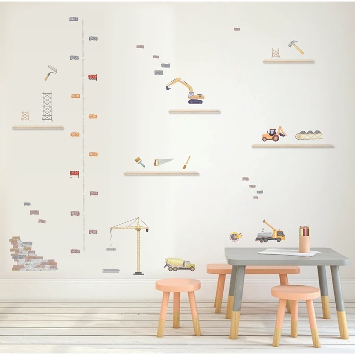 Наклейка интерьерная цветная ростомер  Наклейка интерьерная цветная ростомер "Строительная техника" 50х70 см