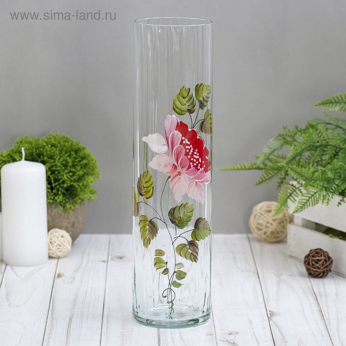 Ваза  Ваза "Цилиндр" роза, риф. (ручная роспись) 30х8 см
