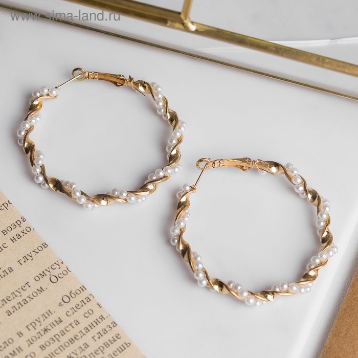Серьги-кольца «Жемчужная нить» d=5 цвет белый в золоте Серьги-кольца «Жемчужная нить» d=5 цвет белый в золоте