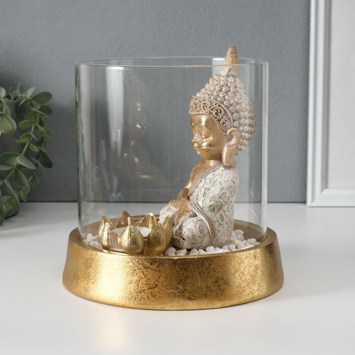 Сувенир полистоун, стекло  Сувенир полистоун, стекло "Медитирующий Будда в саду камней" со свечой 18х18х18 см
