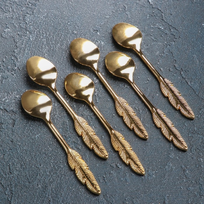 Набор ложек чайных «Перо», длина 12 см, 6 шт, цвет золотой Набор ложек чайных «Перо», длина 12 см, 6 шт, цвет золотой