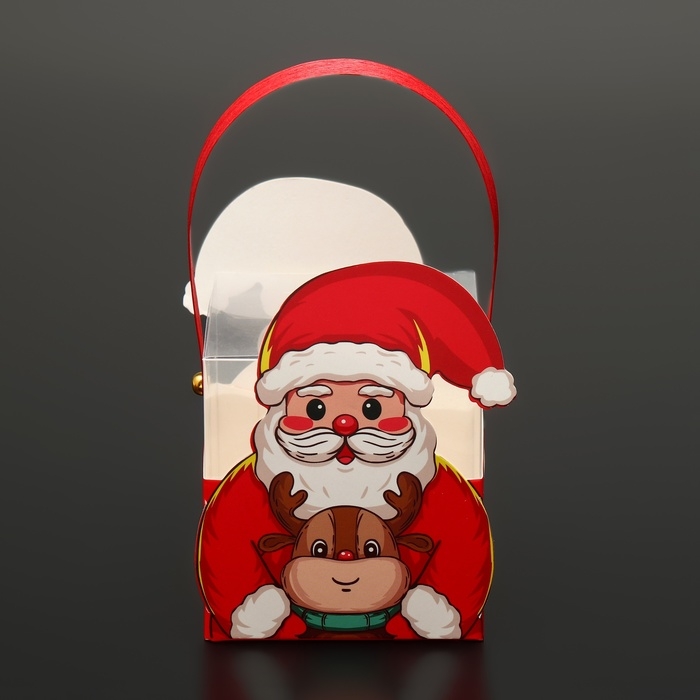 Новый год. Коробка подарочная новогодняя складная ПВХ с ручками, Новый год. Коробка подарочная новогодняя складная ПВХ с ручками, "Санта и подарки", 9 х 9 х 9,5 см.