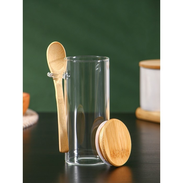 Банка стеклянная для сыпучих продуктов с ложкой BellaTenero &laquo;Эко&raquo;, 420 мл, 6,7&times;15,5 см, с бамбуковой крышкой