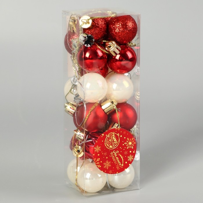 Набор шаров пластик d-3 см, 24 шт Набор шаров пластик d-3 см, 24 шт "Мелодия" грани блеск, белый красный