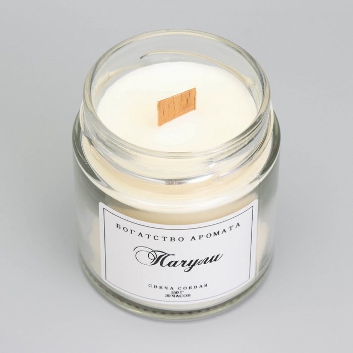 Свеча ароматическая из соевого воска в банке, 150 г, деревянный фитиль, пачули Свеча ароматическая из соевого воска в банке, 150 г, деревянный фитиль, пачули