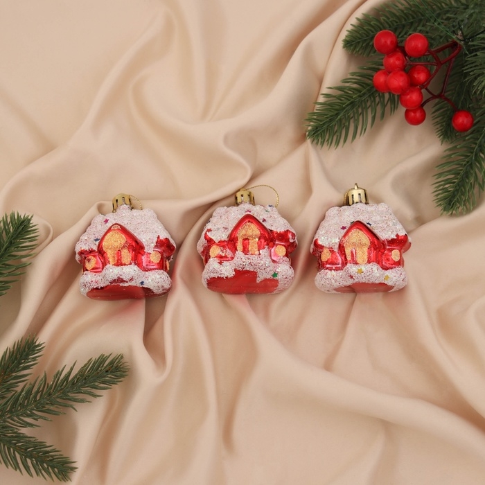 Украшение ёлочное Украшение ёлочное "Заснеженный домик" (набор 3 шт) 6х5 см, красно-белый