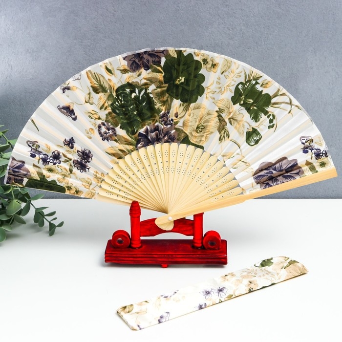 Веер бамбук, текстиль h=21 см  Веер бамбук, текстиль h=21 см "Цветы" с чехлом, бежевый