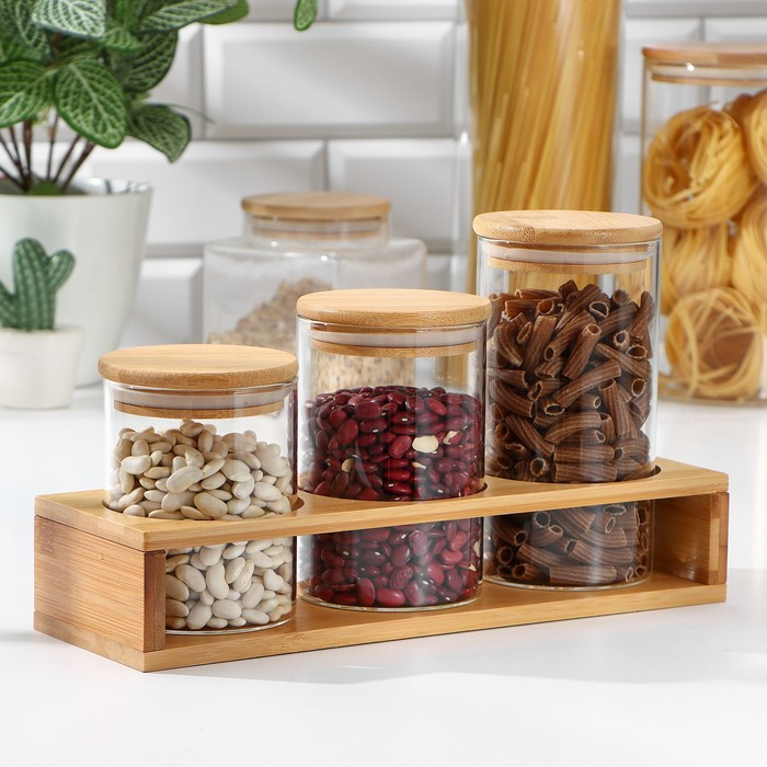 Банки стеклянные для хранения сыпучих продуктов «Эко», 3 предмета: 300/360/450 мл, 7×10/12,5/15,5 см, с бамбуковой крышкой Банки стеклянные для хранения сыпучих продуктов «Эко», 3 предмета: 300/360/450 мл, 7×10/12,5/15,5 см, с бамбуковой крышкой