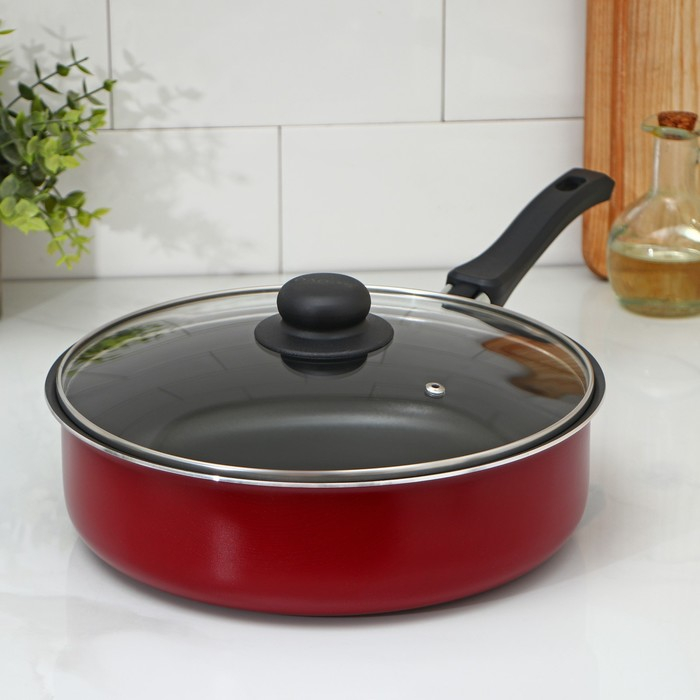 Сотейник &laquo;Эксперт&raquo;, 3,5 л, d=26 см, пластиковая ручка, стеклянная крышка, антипригарное покрытие, цвет бордовый