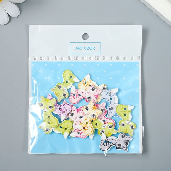 Пуговицы дерево для творчества 2 прокола Пуговицы дерево для творчества 2 прокола "Кошка" набор 15 шт 1,6х2,6 см МИКС