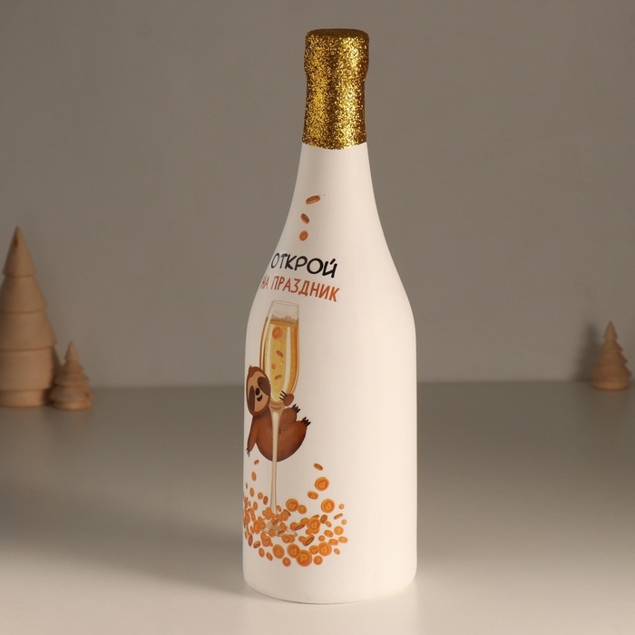 Копилка керамика Копилка керамика "Бутылка шампанского - Открой на праздник" белая 9,5х9,5х30 см