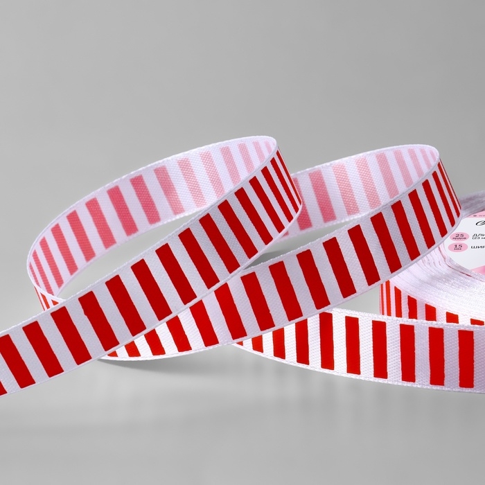 Лента атласная «Полоска», 15 мм × 23 ± 1 м, цвет белый/красный Лента атласная «Полоска», 15 мм × 23 ± 1 м, цвет белый/красный