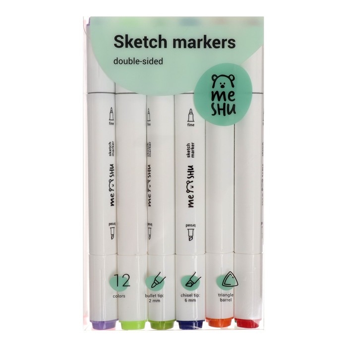 Маркеры для скетчинга двусторонние MESHU, 12 цветов (основные и флуоресцентные цвета), трехгранный корпус Маркеры для скетчинга двусторонние MESHU, 12 цветов (основные и флуоресцентные цвета), трехгранный корпус