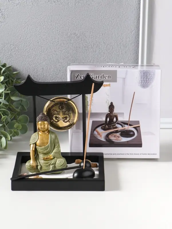 Сад Дзен "Будда в зелёном у гонга" песок+камни+аромапалочки 13,2х15х16 см