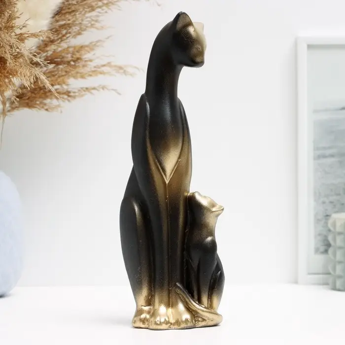 Фигурка гипс &laquo;Кошка с котенком&raquo;, чёрная в золоте, 21&times;7&times;7 см