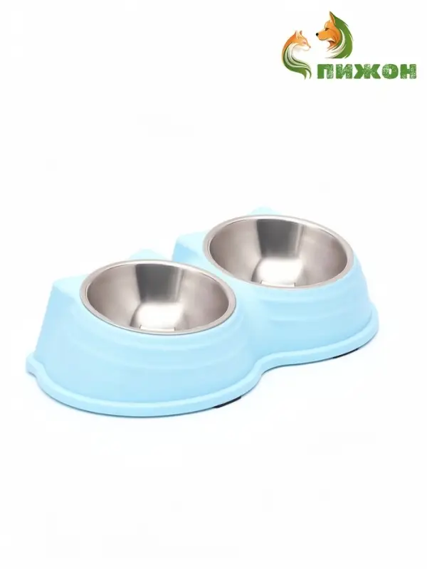 Миска двойная &laquo;Кисы&raquo;, 28&times;16.3&times;7.3 см, на пластиковом основании, металл, голубая