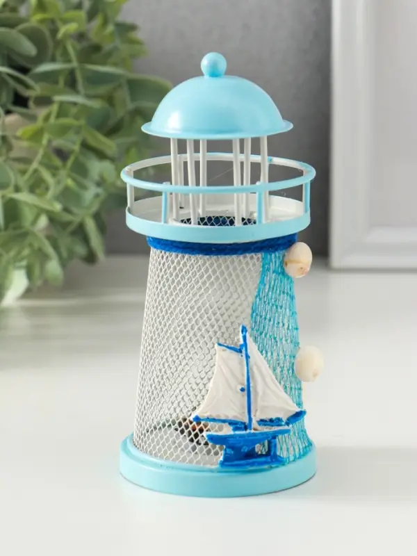 Сувенир настольный Сувенир настольный "Маяк с корабликом" сетка, голубой, 3хLR1130, RGB, LED 7,5х7,5х18 см