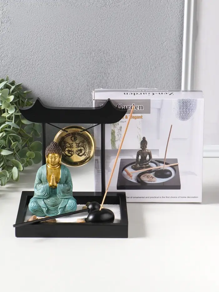 Сад Дзен "Будда в бирюзовом у гонга" песок+камни+аромапалочки 13,2х15х16 см