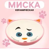 Миска для кошек &laquo;Кошачья мордочка&raquo;, 200 мл, 14&times;14&times;4 см, керамика, розовая, белая