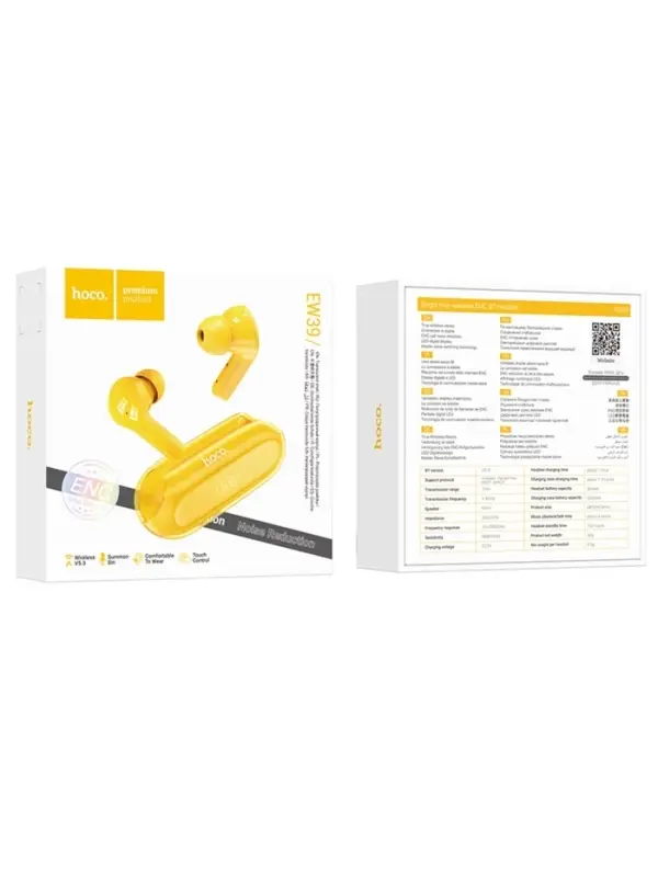 Наушники беспроводные Hoco EW39, TWS, вакуумные, Bluetooth 5.3, 30/300 мАч, шумоподавление, жёлтые