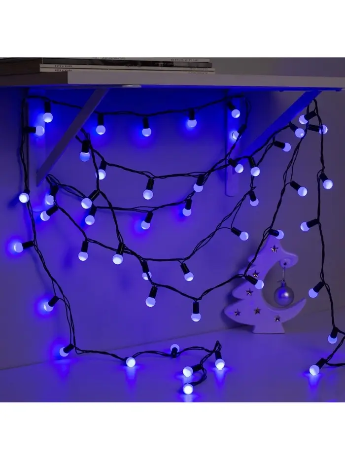 Гирлянда &laquo;Нить&raquo; 10 м с насадками &laquo;Шарики 1.5 см&raquo;, IP44, тёмная нить, 100 LED, свечение синее, 8 режимов, 220 В