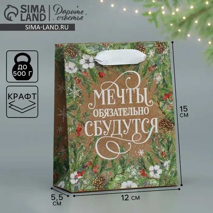 Пакет подарочный новогодний крафтовый «Пусть мечты сбудутся», S 12 х 15 х 5.5 см Пакет подарочный новогодний крафтовый «Пусть мечты сбудутся», S 12 х 15 х 5.5 см