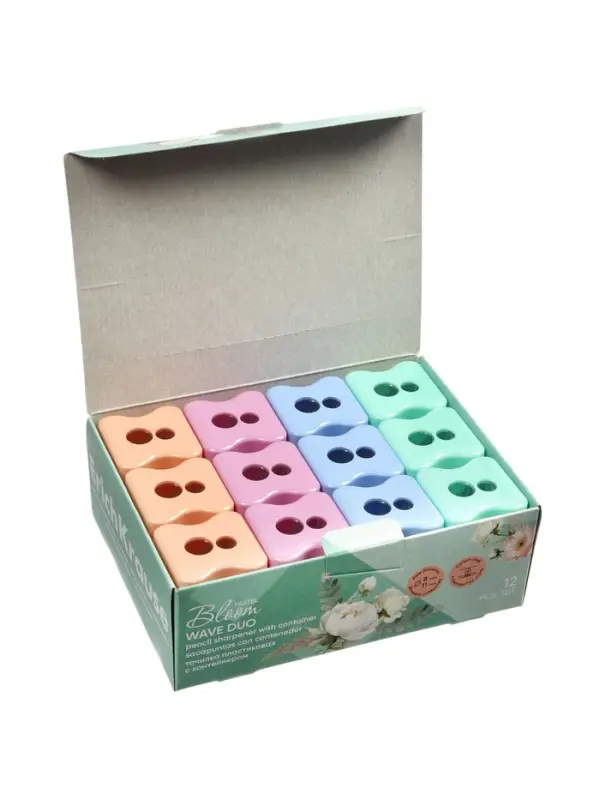Точилка ErichKrause Wave Duo Pastel Bloom, 2 отверстия, с контейнером, МИКС