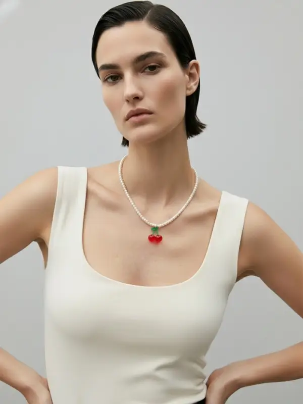 Кулон на жемчужной нитке &laquo;Вишня&raquo;, цветной