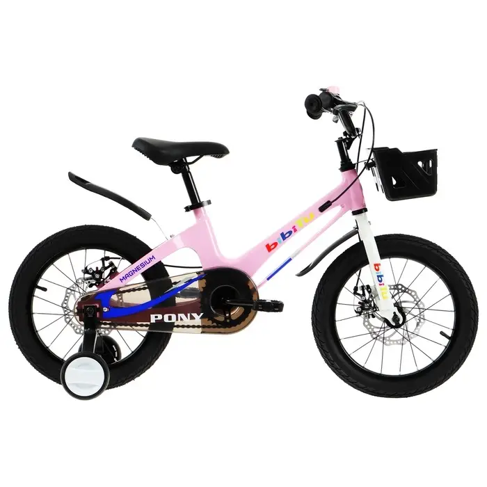 Велосипед детский BIBITU PONY, диаметр колёс 16", со съёмными колёсами, с корзиной, розовый