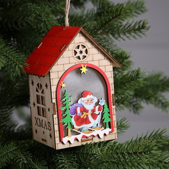 Ёлочная игрушка «Домик с Дедом Морозом», от батареек, свечение тёплое белое Ёлочная игрушка «Домик с Дедом Морозом», от батареек, свечение тёплое белое