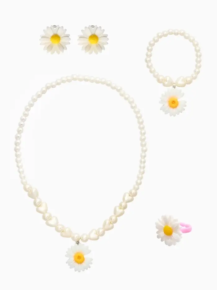 Набор детский &laquo;Выбражулька. Цветок&raquo;, 4 предмета: бусы, клипсы, браслет, кольцо безразмерное, жёлтый, белый