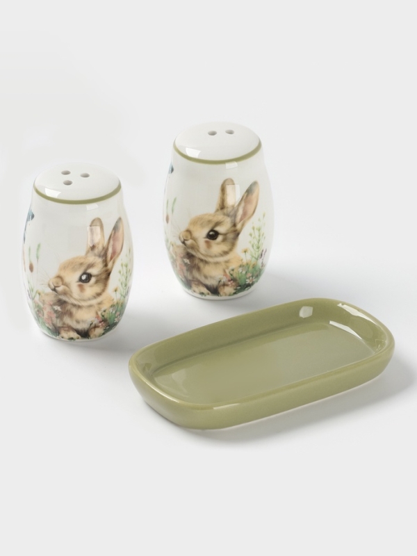 Набор для специй Доляна «Зайка», керамика, 2 предмета: солонка, перечница 130 мл, 11.5×6.2×8.8 см, белый