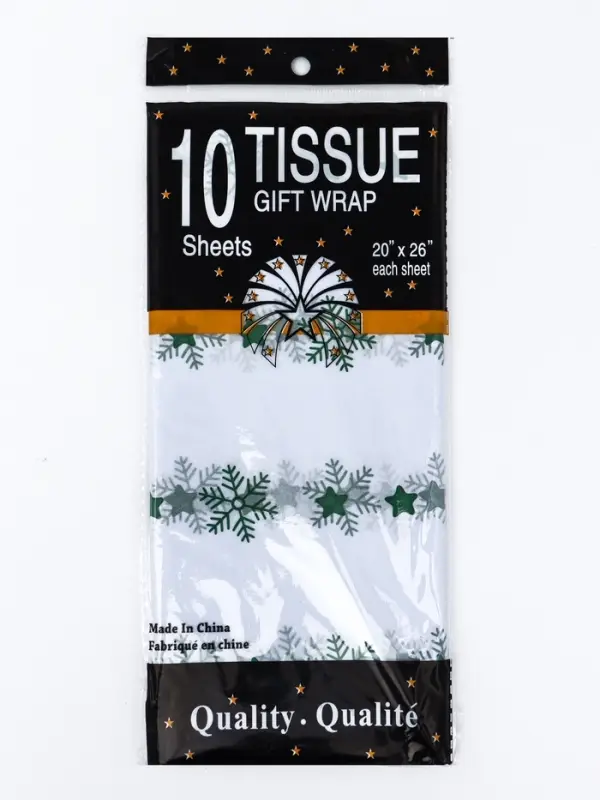 Бумага упаковочная тишью "Снежинки со звездами", зелёный, 50 х 66 см