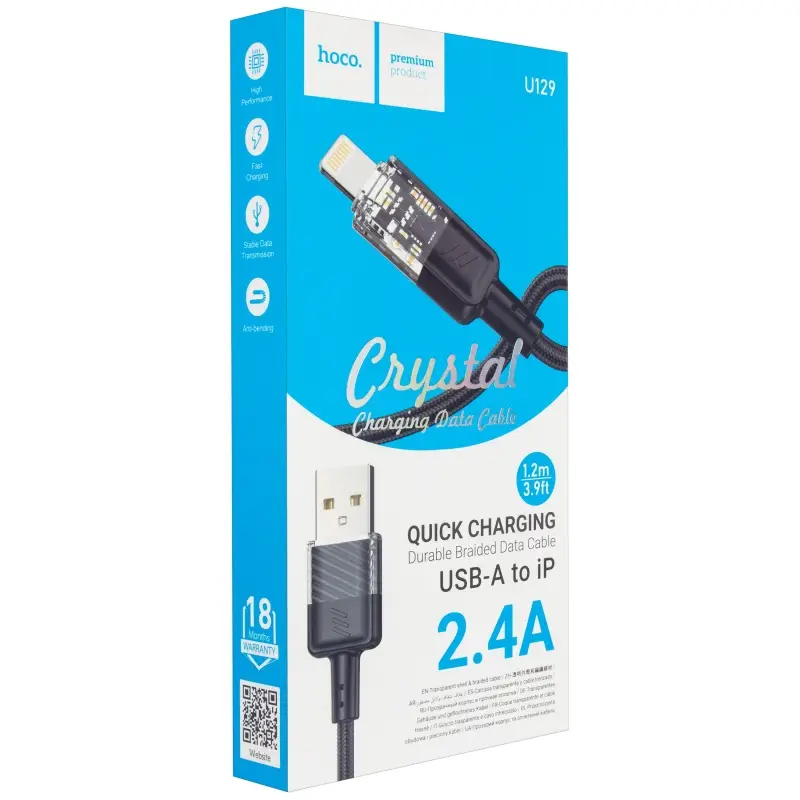 Кабель USB на Lightning 1.2M 2.4А U129 HOCO черный