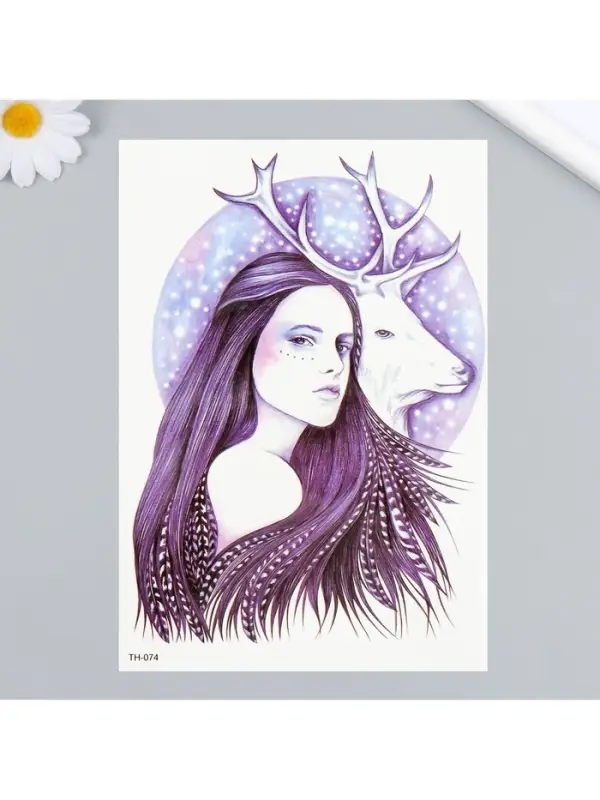 Переводная тату на тело цветная «Девушка и олень», 21×14.8 см