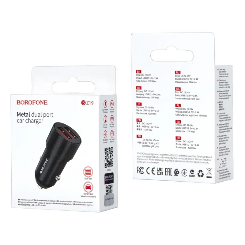 Переходник BZ19 АЗУ на 2 USB 2.4A Borofone черный