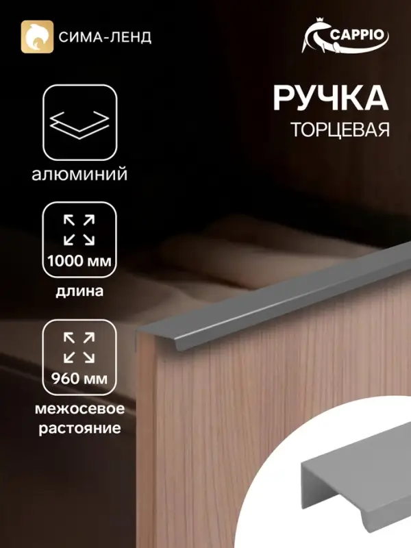 Ручка профильная мебельная торцевая CAPPIO RT001, L=1000 мм, м/о 960 мм, графит