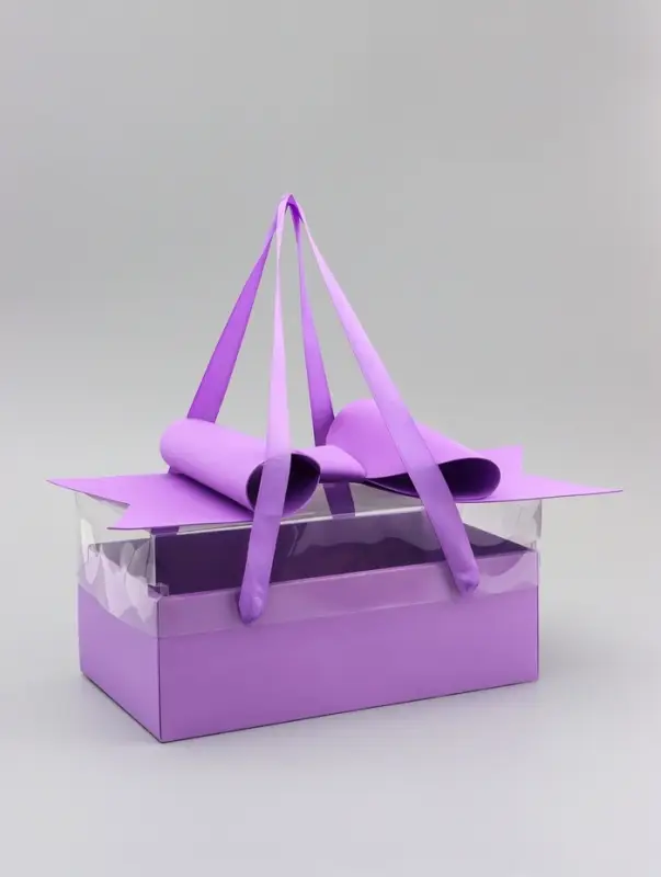 Коробка подарчная с бантом, ручками и прозрачной крышкой 35 х 21 х 15 см Сиреневая